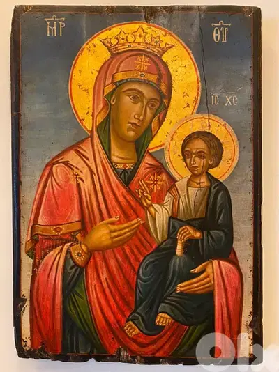 antique greeck 19th century icon holy mother and Jesus