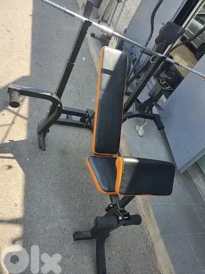 Adustable bench with adjustable rack with biceps stand flies and legs