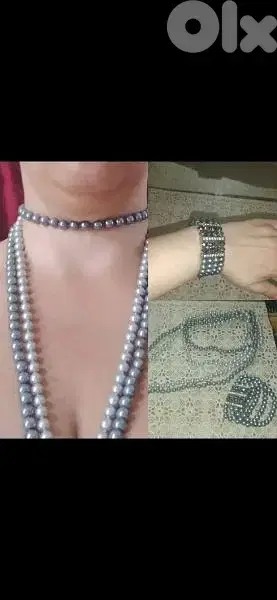necklace set 2 necklaces and big bracelet pearl grey
