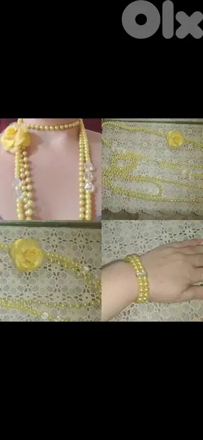 necklace long yellow colour with flower brooch and bracelet