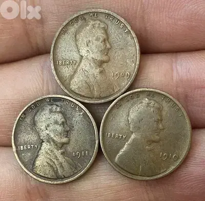 مجموعة ٣ قطع لاول اصدارات سنت لينكولن سنة١٩٠٩. و ١٠ و١١ السعر للمجموعة