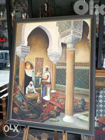 لوحة شرقية تابلو مميز رسم زيتي جميل جدا كادر خشب ناعم سعر تصفيه ٩٠/١١٥