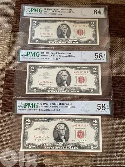 ٣ عملات قديمة ٢$ اميركي ١٩٦٣ رد سيل الارقام متسلسلة مشهدة pmg