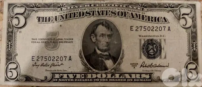 USA Silver Five Dollars Banknote Memorial President  Lincoln 1953
